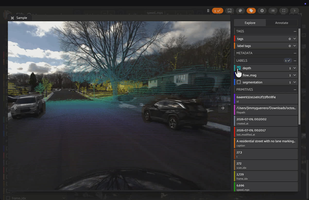 Expanded FiftyOne sample of a residential street with parked and moving cars, showing stacked depth, flow_mag, and segmentation labels plus a scene caption panel.