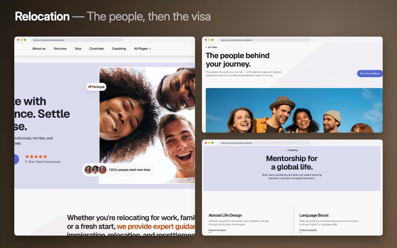Relocation covers what immigration firms skip — the people behind your journey get a page of their own, and so does mentorship for a global life.Abroad Life Design and Language Boost sit beside the visa and country pages, with thirteen hundred people who have already started new lives.Live preview → https://reloca-template.framer.website/Start building with Relocation →#framer #framertemplate #framerexpert #webdesign #nocode #relocation #immigration #visa #expat