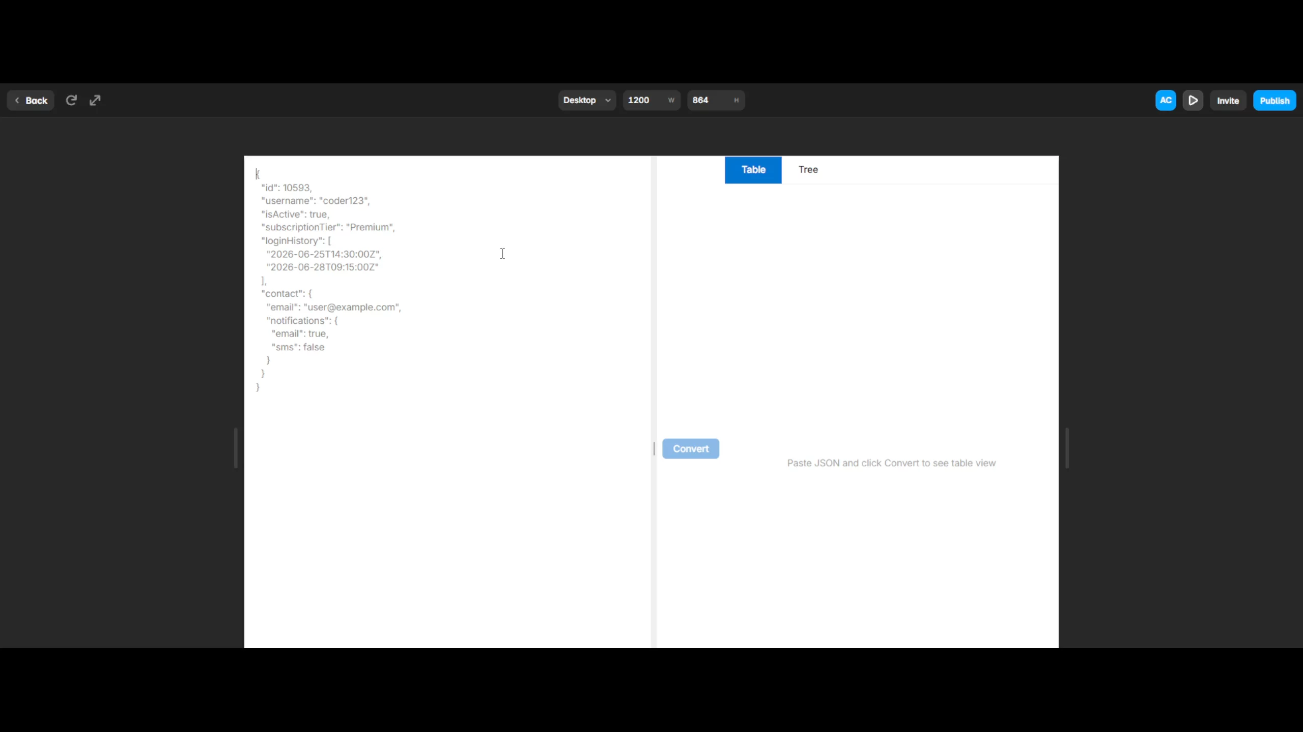 JSON viewer code component.