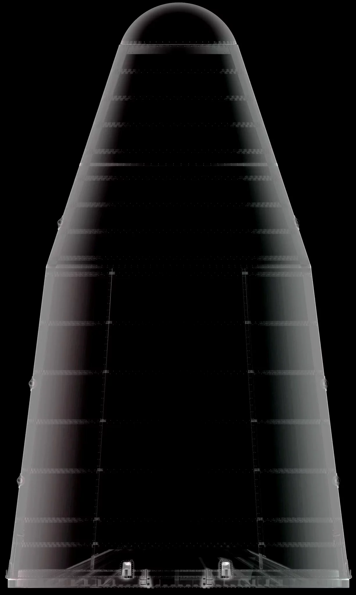 Ghosted grey rendering of Nova Pathfinder's nose cone against black, tapering to a rounded tip, with internal ring frames and the vertical seam where it splits showing through.