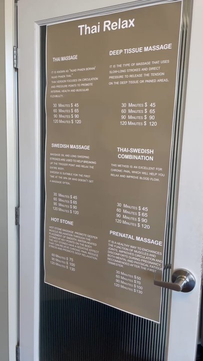 Thai Relax - Front lobby and pricing for their different offerings - Massage Near Me - Upland, California