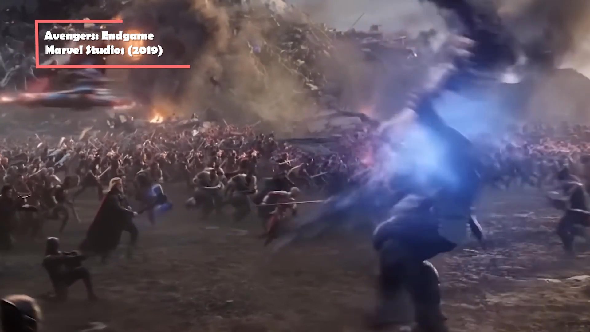 A quantitative breakdown of emotional moments in Avengers: Endgame displays specific data categories alongside high-intensity combat sequences from the film's climax.