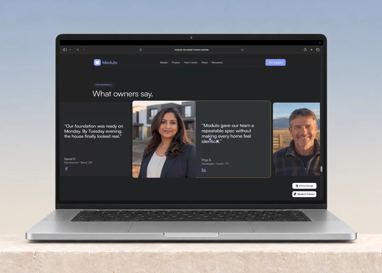 🏠Just launched Modulo -a Framer template built for modular and prefab architecture firms. 17 pages, 9 CMS collections, and an interactive service area map that pulls its pins straight from the CMS -no API key, no code. The model lineup, project portfolio, blog, and resources are all CMS-driven, so the site grows as the business does. Clean design system, fully responsive.
