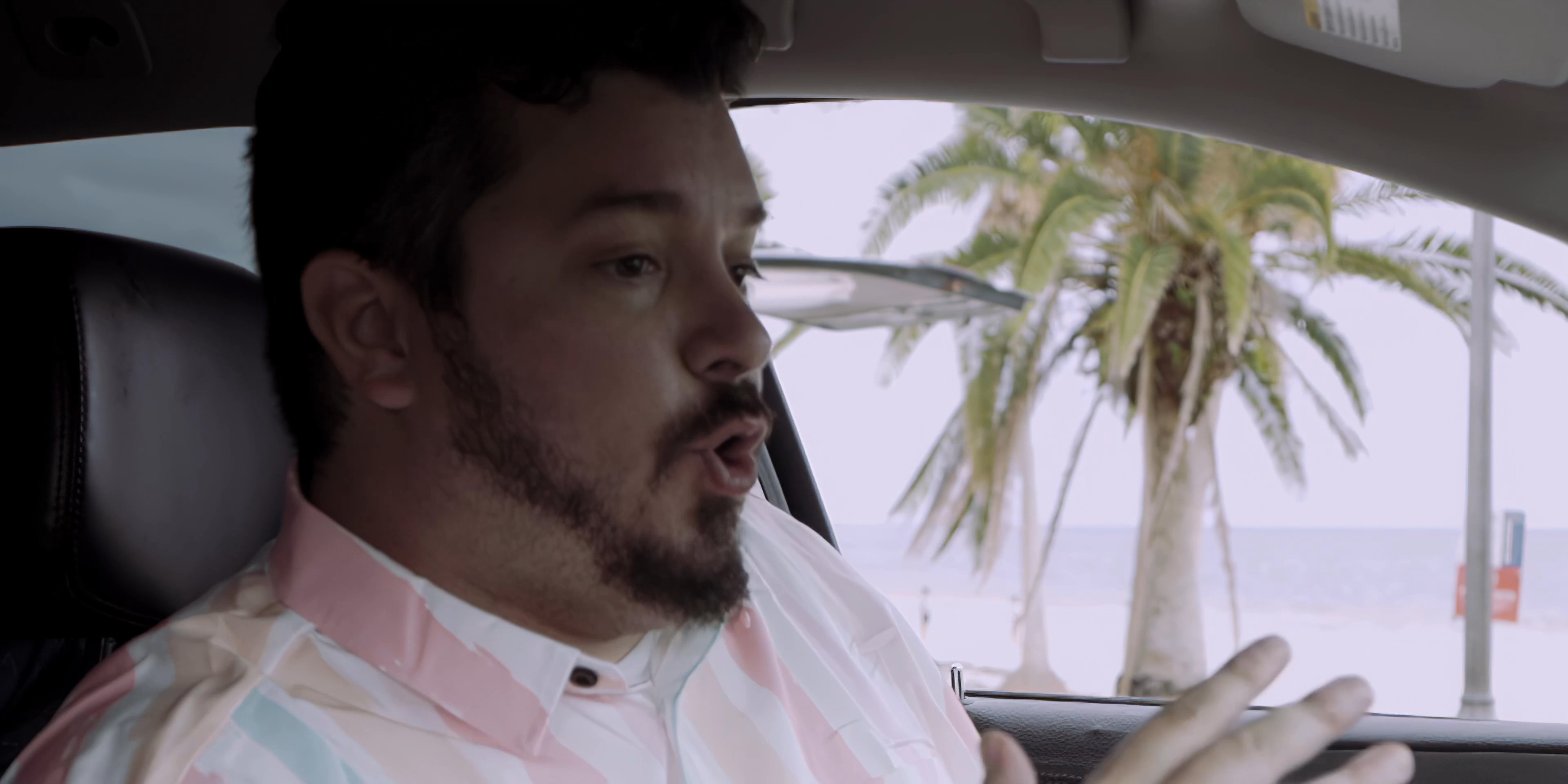 A man engages in a remote video conversation via a mounted smartphone while driving along a coastal road lined with palm trees.
