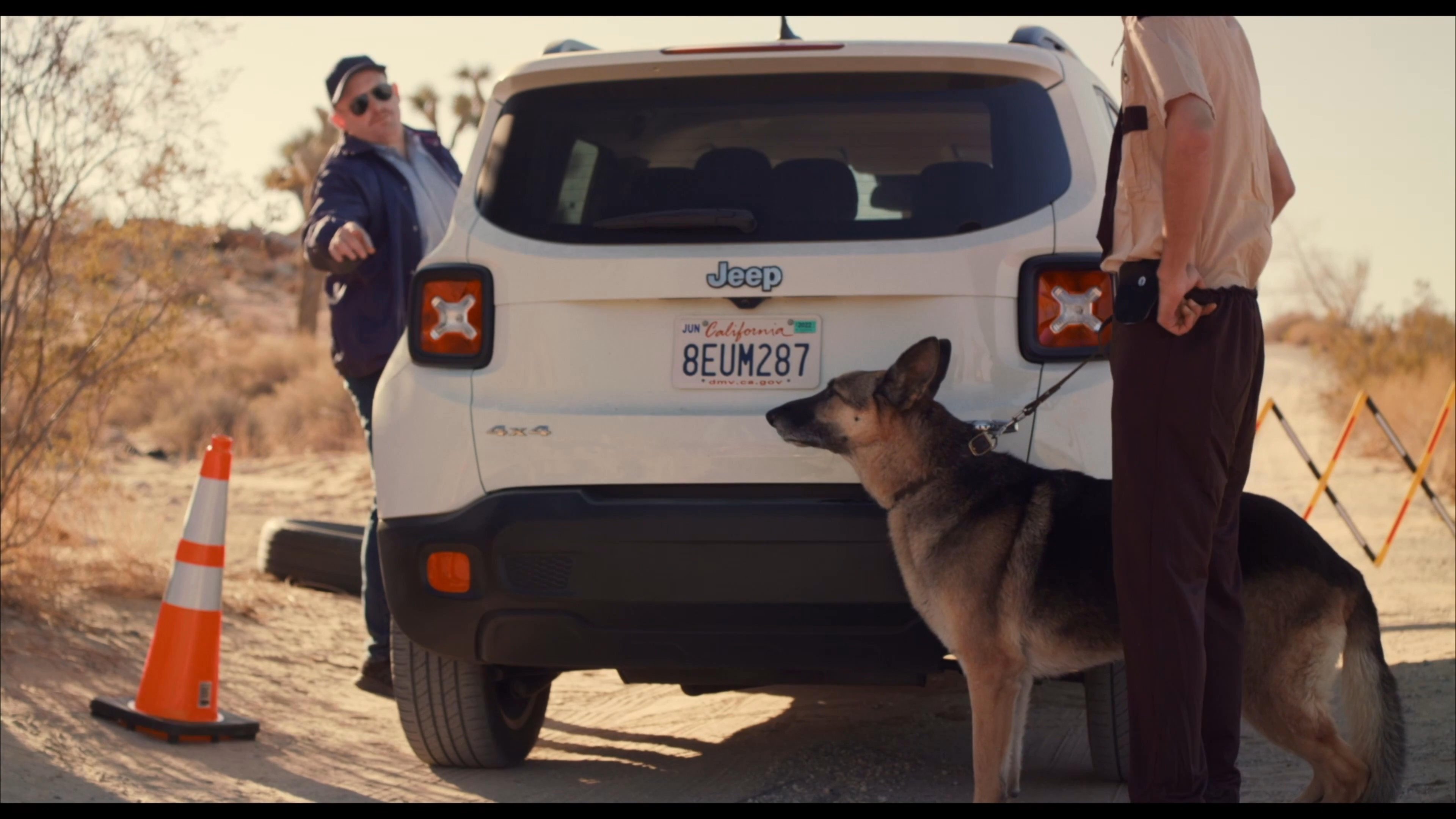 A law enforcement officer utilizes a K9 unit to conduct a exterior search of a vehicle parked in a desert environment while passengers observe from inside.