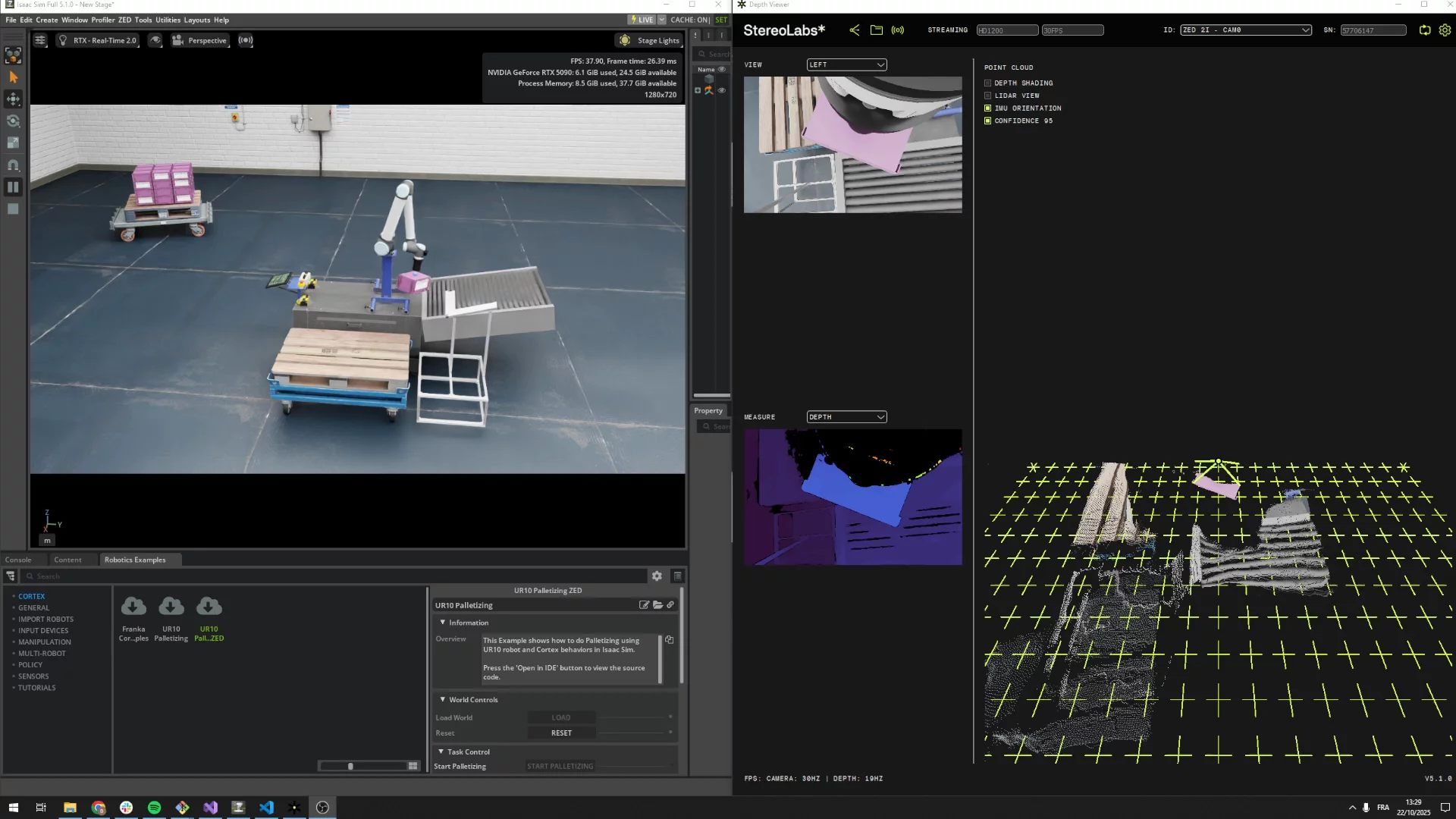A simulated pick & place application in Isaac™ Sim with direct 3D perception from a ZED X Mini on the robot wrist