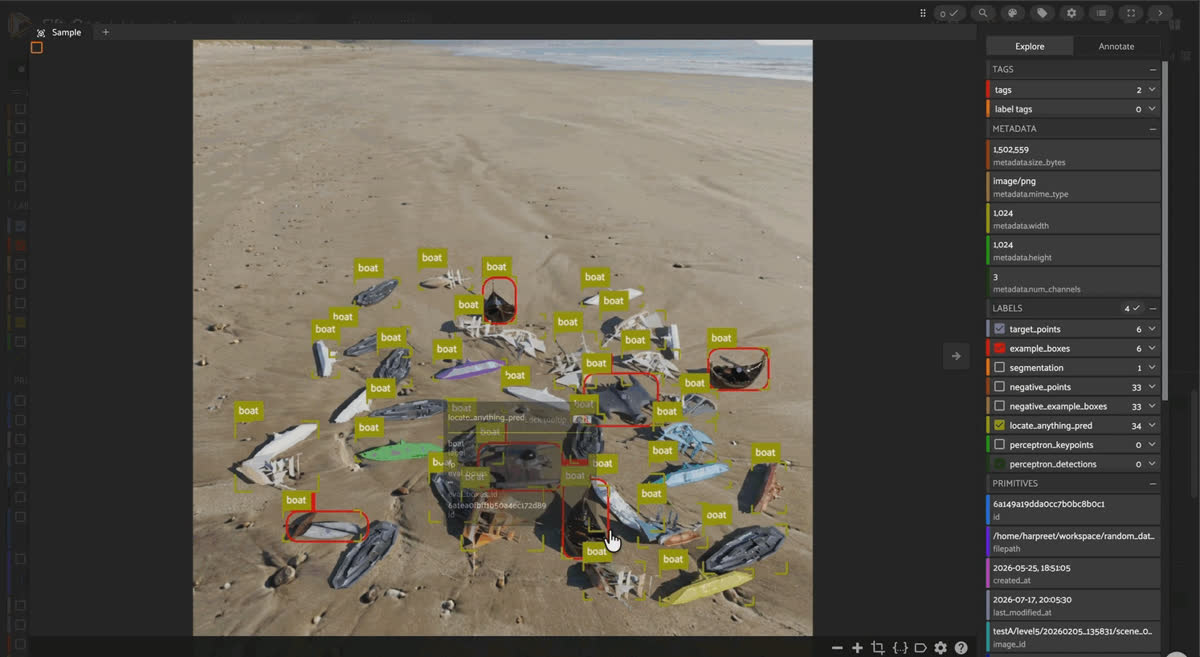 FiftyOne view of a KubriCount scene where LocateAnything-3B counted target and distractor objects together, showing the no-disambiguation failure mode.