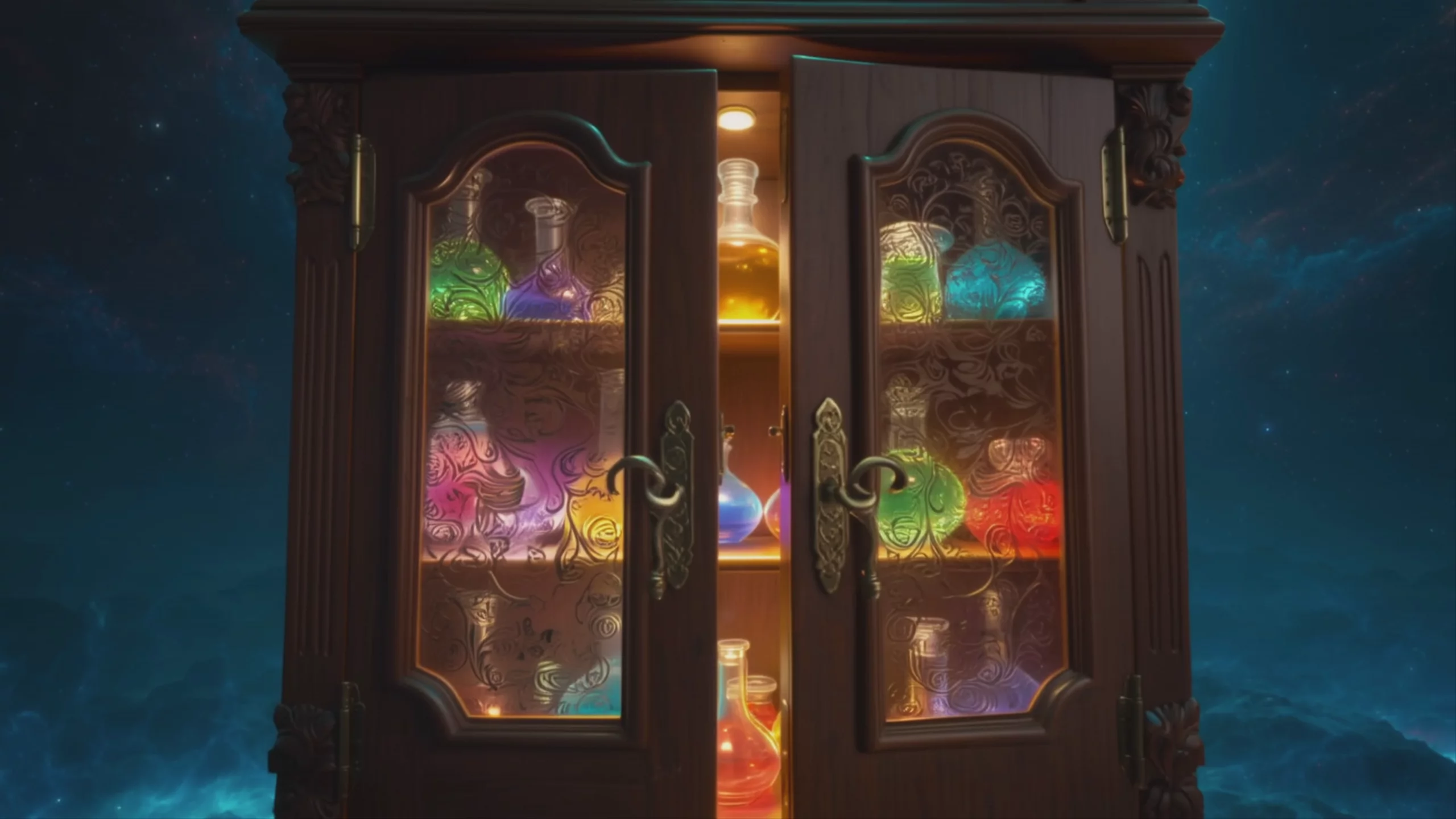 A 1920x1080 video still generated by Kling 2.6 Pro showing an open antique wooden cabinet filled with glowing, colorful potion bottles in glass flasks. The cabinet doors are open, revealing three shelves of illuminated liquids in yellow, blue, red, and purple against a dark, mystical blue starry background.