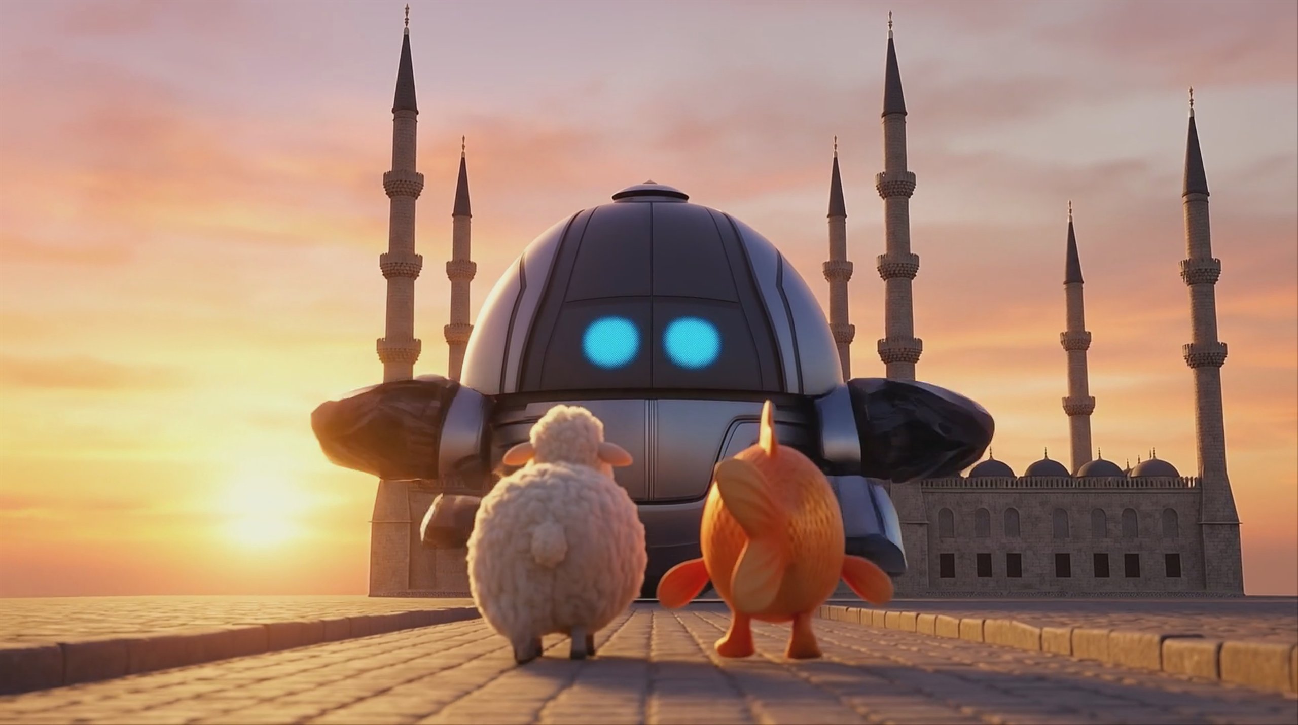 A 3D animated scene showing a fluffy white sheep and an upright orange goldfish walking side-by-side along a stone path toward a grand mosque at sunset. This first frame of a 1934x1080 video, generated using the MiniMax Hailuo-02 Pro model, captures the whimsical characters from behind in warm, golden lighting.