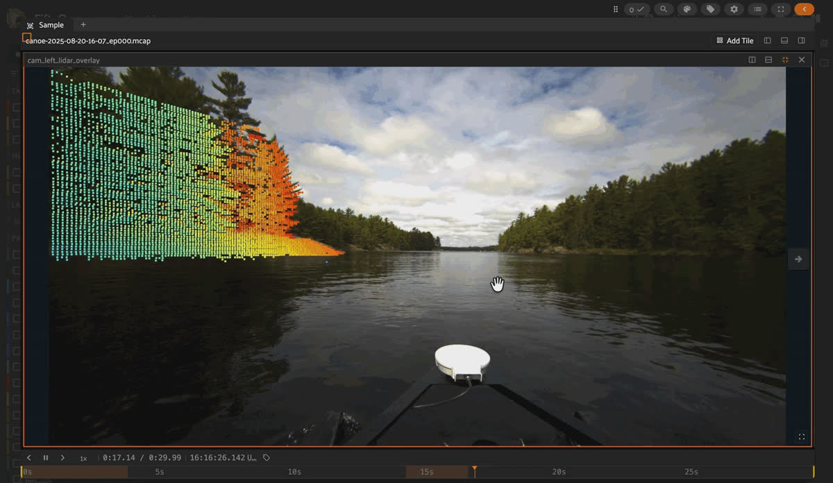 Height-colored LiDAR point cloud of a lake shoreline and tree line from a CANOE MCAP episode in FiftyOne's 3D tile.