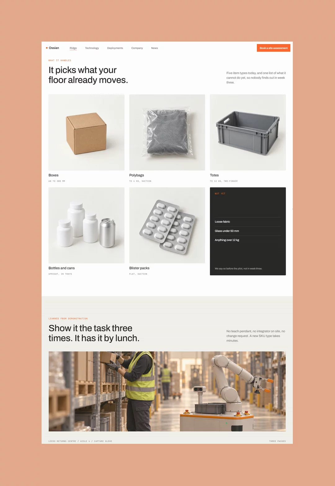 A closer look at the product page in Ossian.Designed to give hardware room to breathe, from individual machine parts to specifications and software.Free Framer template