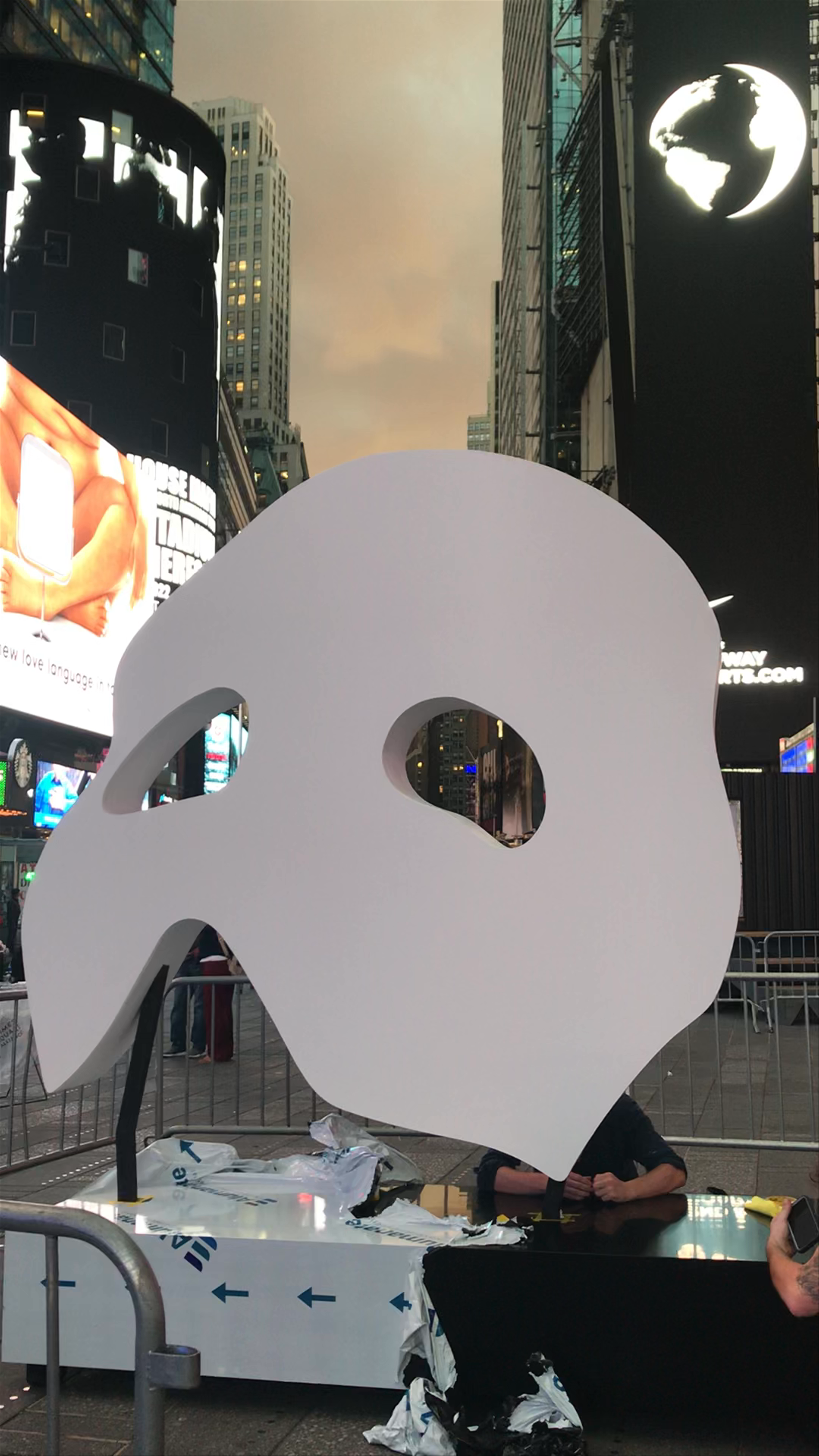 Magical Twilight at Times Square with The Phantom Mask Sculpture