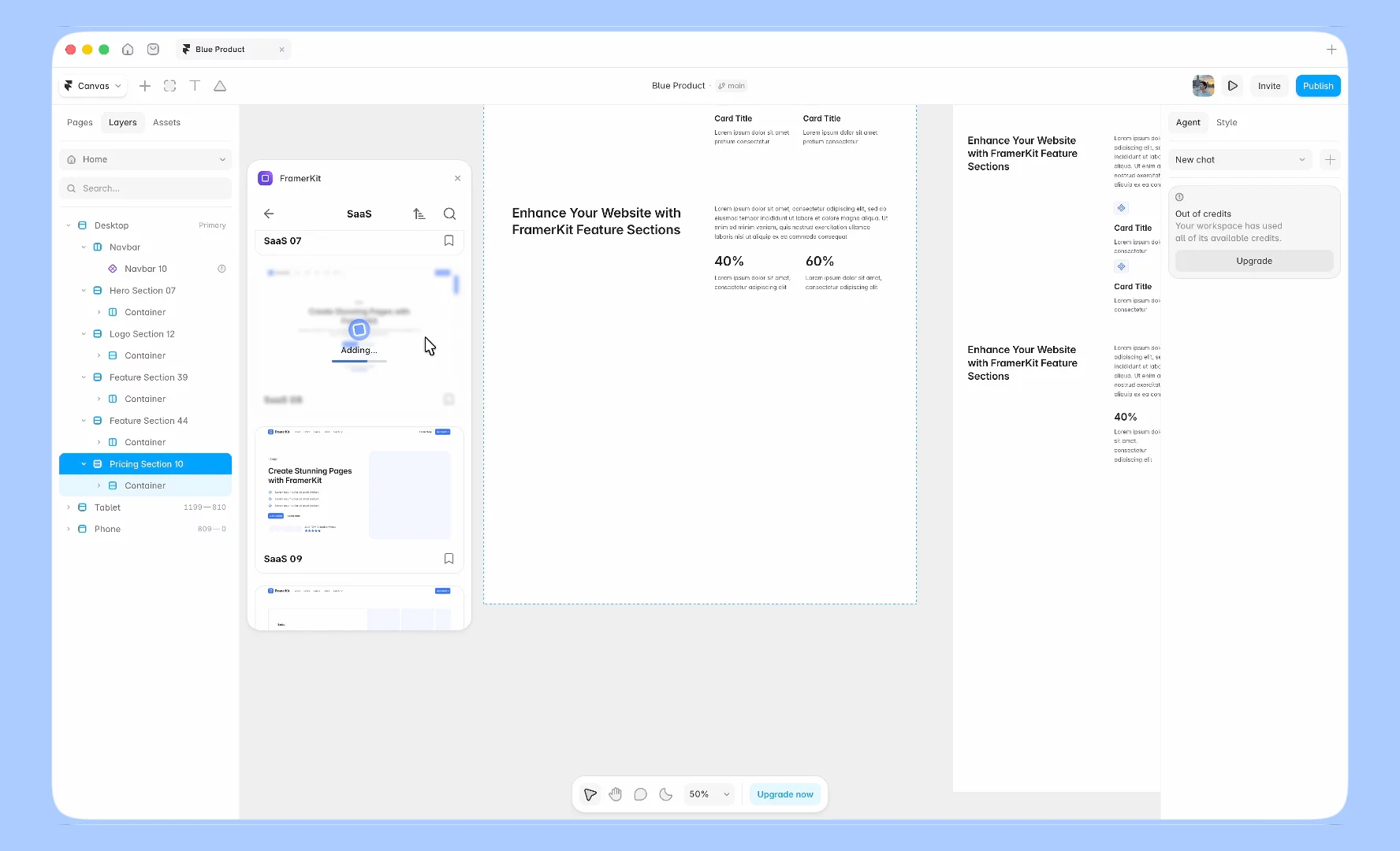 🌙 SaaS Template, Light and DarkQuick one todayAdded a full SaaS template to a blank Framer page with FramerKit. One click, the whole page is there 🙂