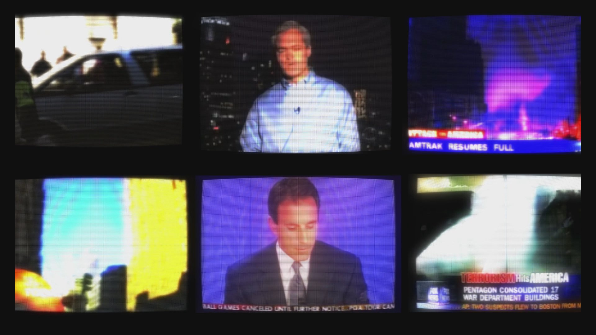 Television news segments report on the September 11 terrorist attacks, including casualty figures and ongoing updates from the Pentagon. Anchors and correspondents provide critical information while displaying images of the disaster.