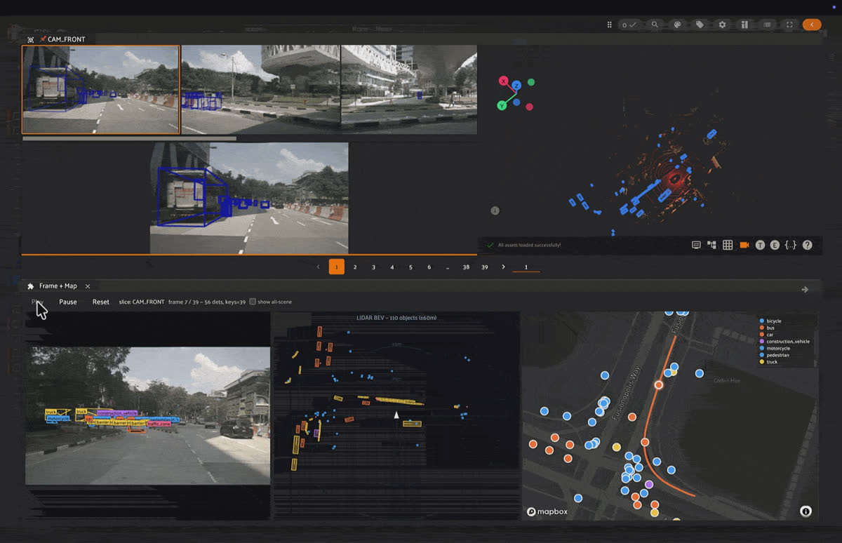 The FiftyOne Frame + Map panel showing synchronized camera, LiDAR, and GPS map views for an autonomous driving scene.