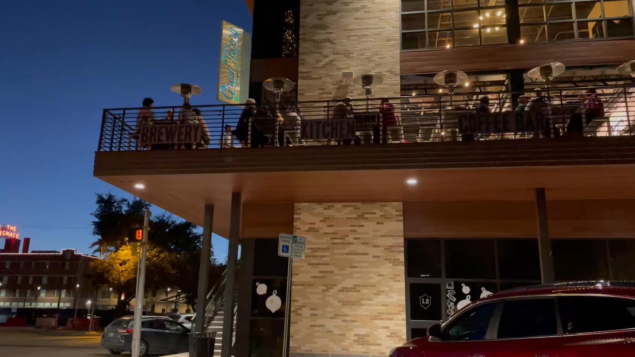 Grain Theory - Short vid of exterior - on 2nd floor, massive wraparound deck seating - cool industrial interior decor, order/pay at counter & grab a seat - Breweries Near Me - Abilene, Texas
