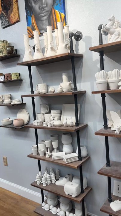 BellyFire Studios - Painting area with premade pieces - Art Classes Near Me - Baton Rouge, Louisiana