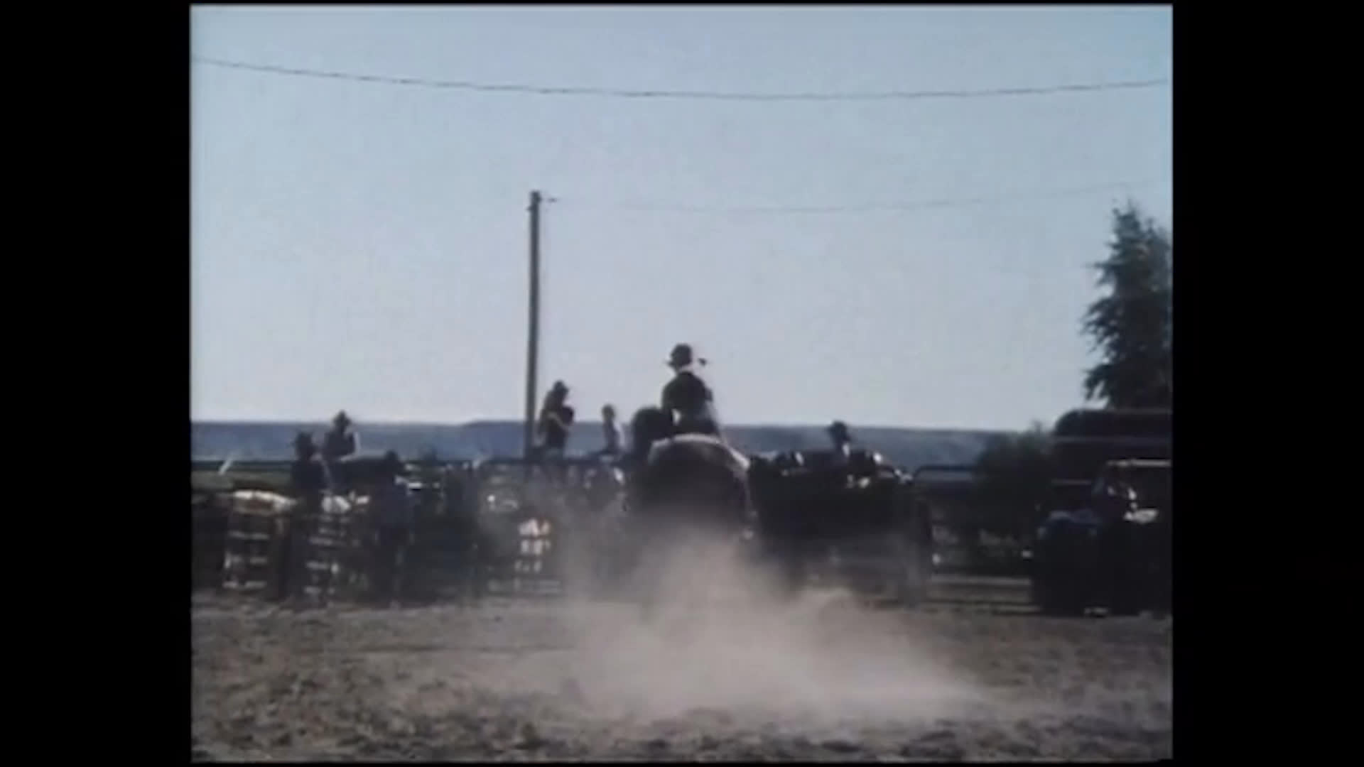 A cowgirl races her horse through a line of poles in a dusty arena, making a fast, tight run as spectators watch. Afterward, she stands beside the horse while event officials congratulate her.