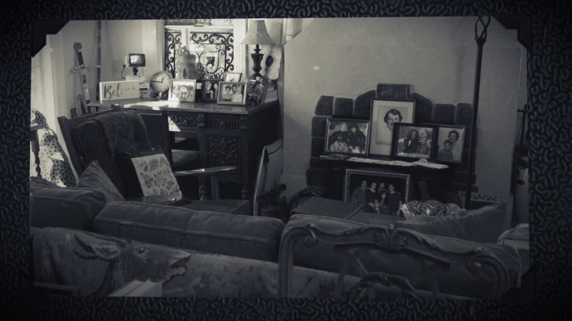 A collection of stylized celebrity portraits transitions into a detailed examination of a vintage-inspired domestic interior filled with personal photographs.