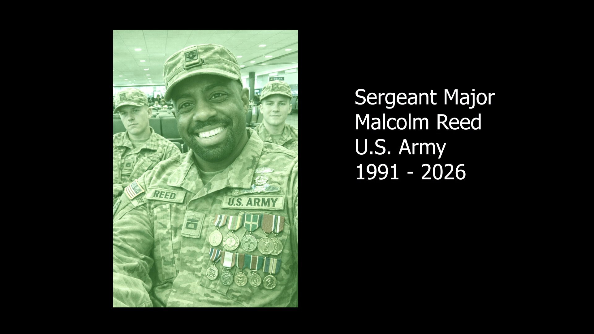 A series of portraits honors individual service members from the U.S. Marines, Army, and Navy, providing their names and years of life. The sequence highlights their military service through photographic records against varied operational backgrounds.