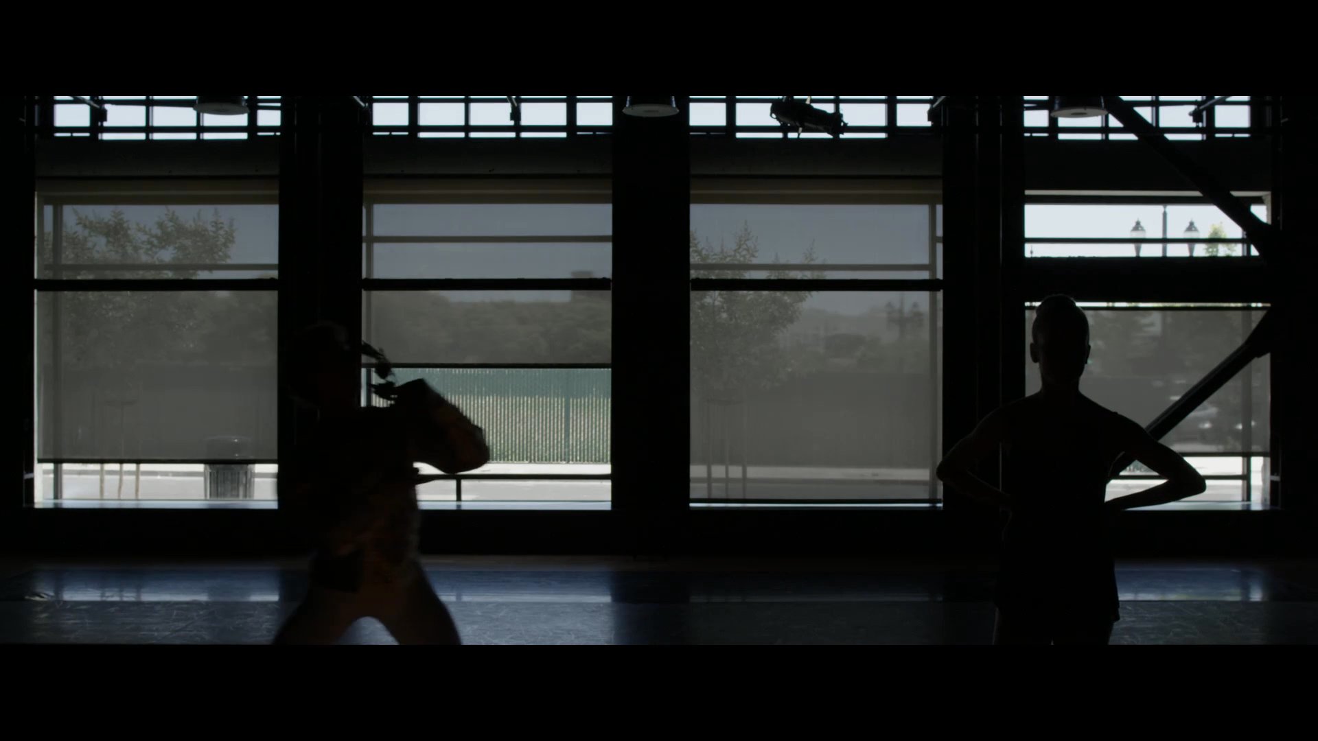 A group of ballet dancers practice intricate choreography against a backdrop of large windows. The sequence concludes with a close-up focus on a lead performer.