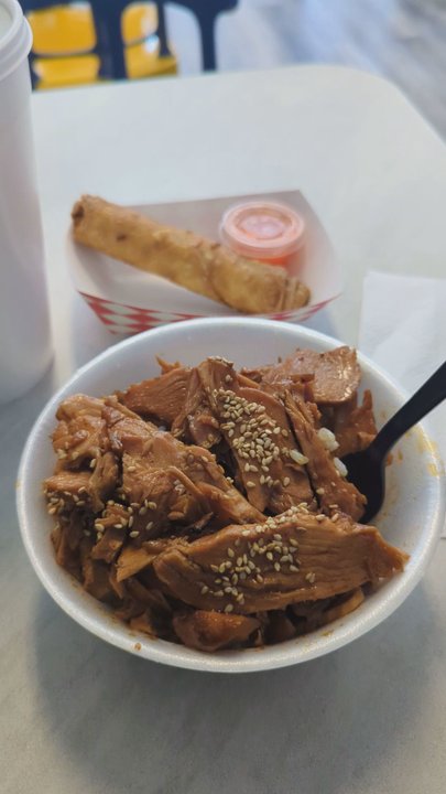 Blue Fin - White meat teriyaki chicken with brown rice and pork egg roll - Japanese Near Me - Phoenix, Arizona