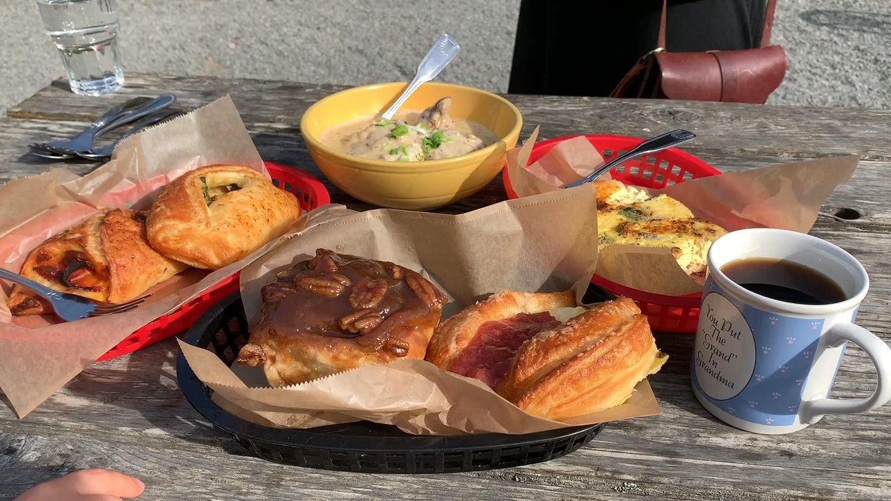 Two Sisters Bakery - Little bit of everything: biscuits and gravy, ham and cheese savory, pesto savory, sticky bun and rhubarb danish! - Bakeries Near Me - Homer, Alaska