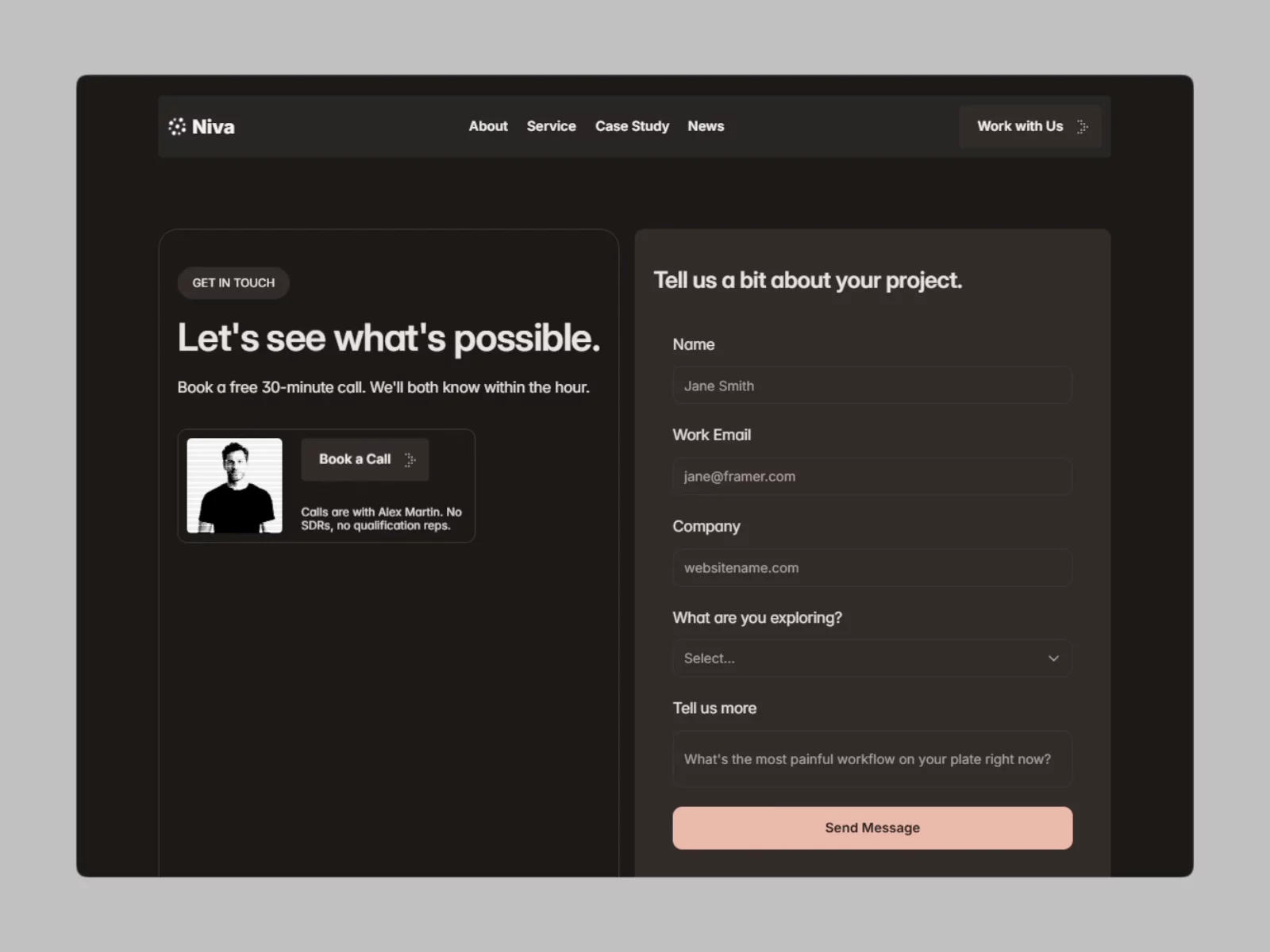 Niva - AI Automation Agency Template (Contact page)📌 What's Included13+ fully designed pages, covering the entire buyer journey:- Home — hero, problem/solution framing, services, industries served, integrations, process, stats, case study previews, testimonials, pricing, FAQ, and final CTA- About — origin story, mission, values, team, and company stats- Services — a full breakdown of each service line with outcomes and use cases- Case Studies — a CMS-powered index plus a detailed single-case-study template (problem → approach → solution → results)- Blog — a CMS-powered index and article template, ready for SEO content- Contact — a conversion-focused form paired with direct calendar booking- 404, and legal pages — Privacy Policy, Terms of Service, and Cookie Policy included📌  Ideal For- AI automation agencies and consultancies- Workflow automation specialists and system integrators- Custom AI agent developers- AI strategy and operations consultants- Freelance automation experts positioning as a boutique agency- SaaS companies offering AI-powered services to B2B clients