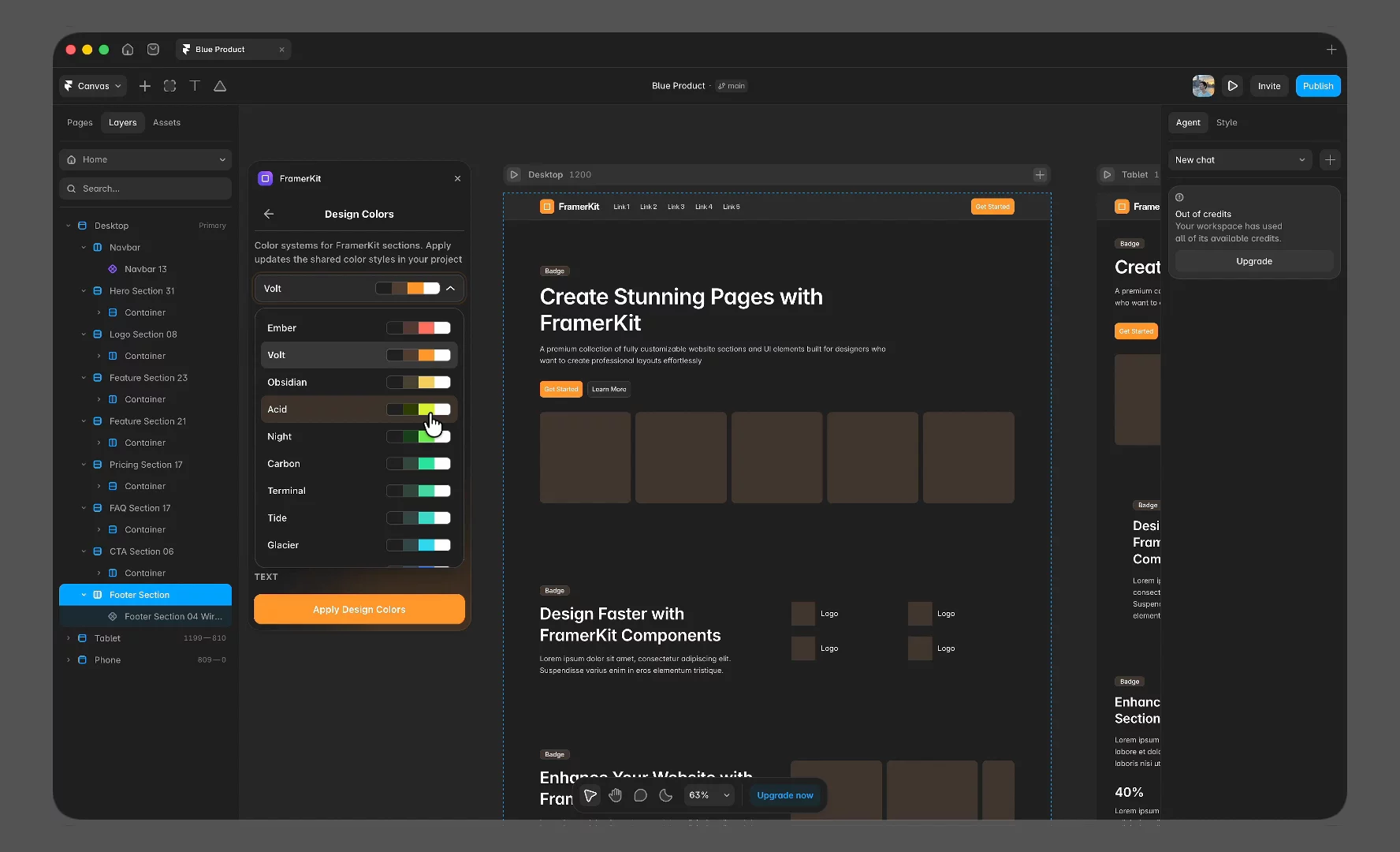 🧩 Adding a Template to the CanvasFramerKit has ready-made Templates right in the pluginThey're grouped by category, so you can find what you need without scrolling through everythingEach template has a proper preview. You see the whole page before you add it, not just a small thumbnailOne click and the template is on your canvasAll templates also work with themes right from the plugin:• switch between light and dark • pick a Design Color • change the look without touching every layerFeels much faster than putting a page together section by section 🙂Here's a short video of how it works
