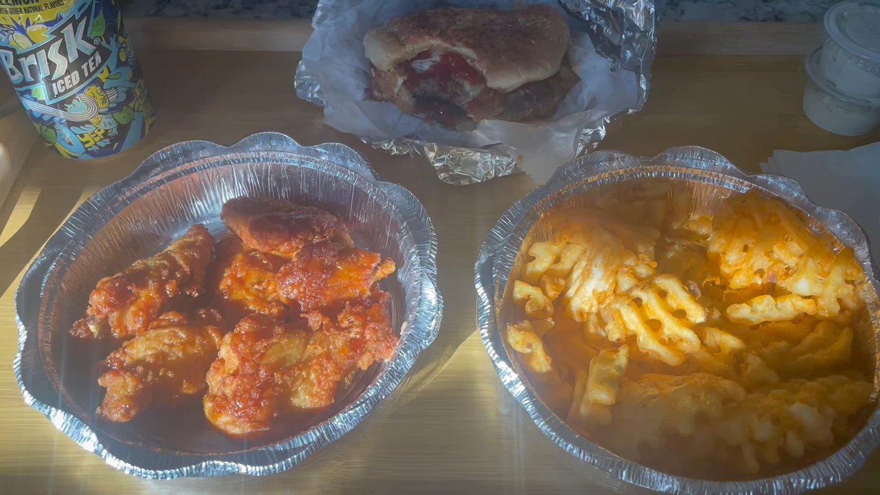 Burger Spot - Bacon egg and cheese burger, honey garlic wings and waffles fries - Burgers Near Me - New York, New York