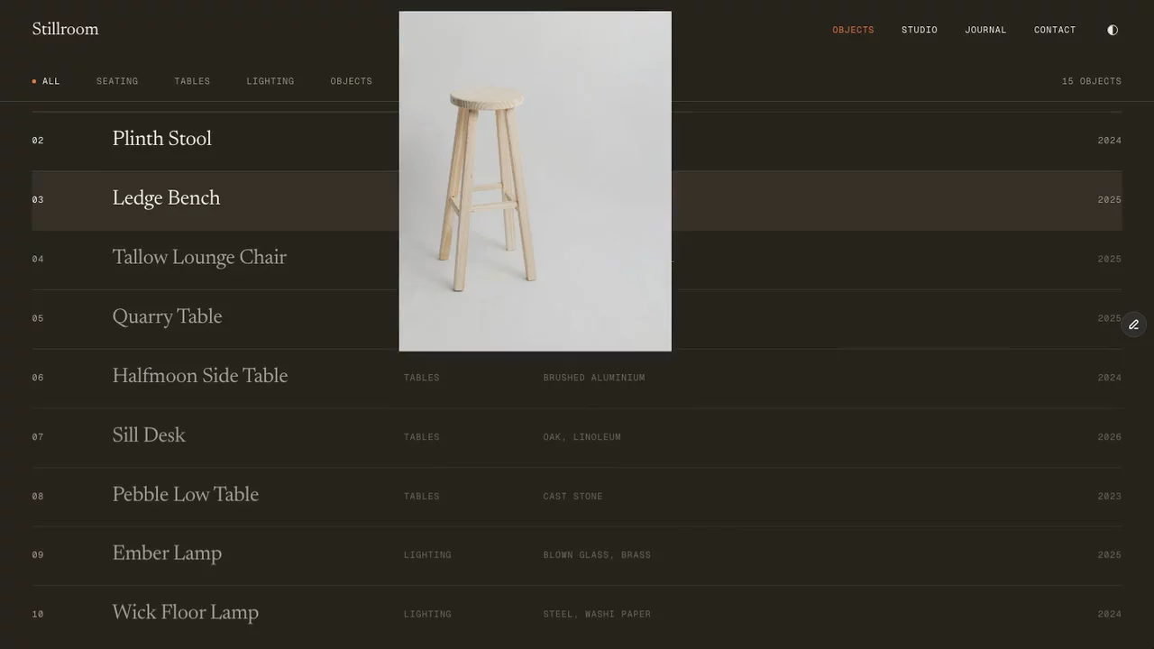 The object index on Stillroom is a plain list of rows. Hovering one lifts that object's photograph out of the page and carries it beside the cursor, while the rest of the index steps back.Moving to another row exchanges one image for the next rather than fading out through empty paper. That's the part that matters — an empty frame between two images kills it.It builds its own lookup by reading the slug out of each row's href and borrowing the matching card's image, so nothing is wired per row and it follows the CMS. Nothing loads until it's asked for.Pointer-precision only, so touch devices never see it.The whole site is a free Framer template → https://hy.chujiqiqi.com/marketplace/templates/stillroom/