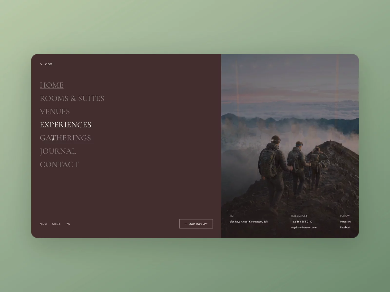Navigation can show where a link leads before you click it.In Arunika's full-screen menu, each hover updates the image on the right: rooms, venues, experiences. It turns a list of links into a visual preview of the stay.https://arunika-resort.framer.website