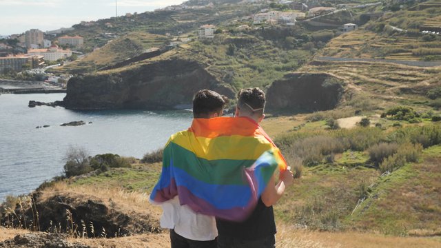 Gay couple hugging with pride flag