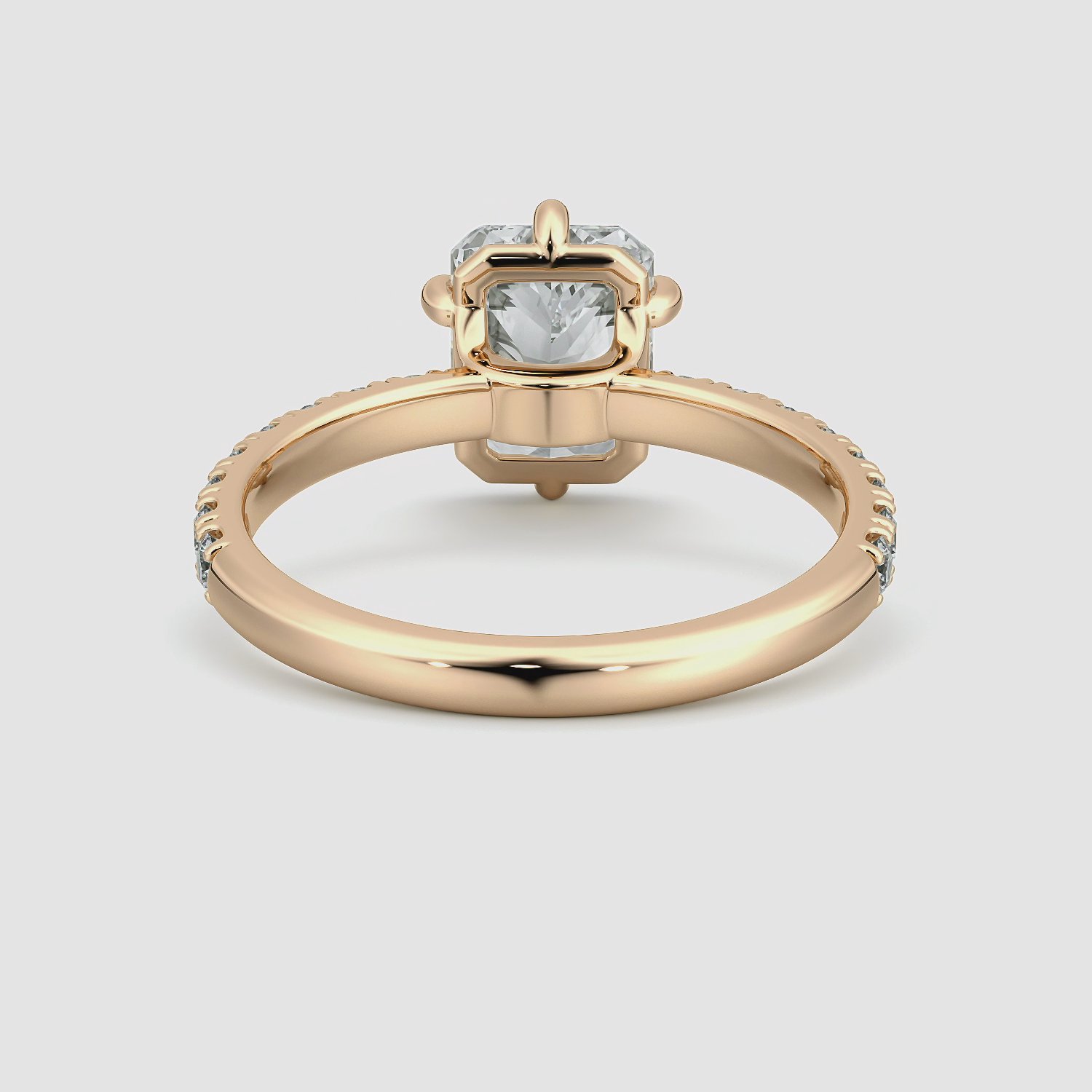 The Signature 6 Prong | Radiant | 14k | Rose Gold | bandAccent: Pavé | bandWidth: large | hiddenHalo: no | diamondOrientation: vertical | caratWeight: other