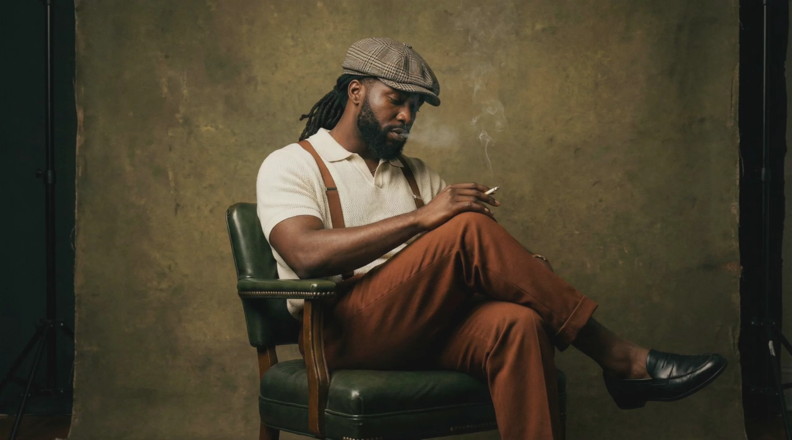 A bearded man with dreadlocks wearing a flat cap sits in a green leather armchair, smoking a cigarette. He is dressed in a white polo, suspenders, and brown trousers against a textured green studio backdrop, generated by the Kling O1 model at 1928x1072 resolution.