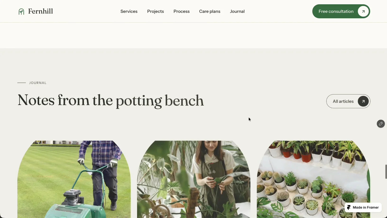 Fernhill is live on Framer 🌿A landscaping template for garden design and care studios. Free to remix: https://framer.link/rcnY1F5