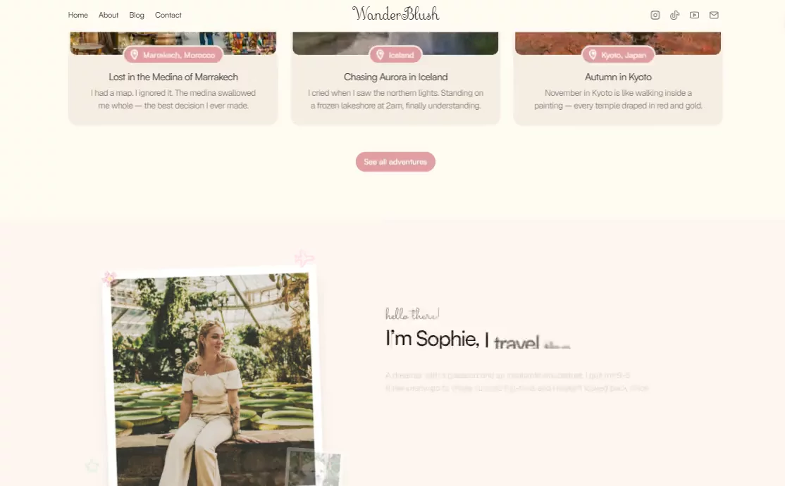 One of my favorite templates, Advent is now FREE.Advent is a multi-page personal travel blog template designed for travel bloggers, adventure storytellers, photographers, and personal journal creators.👉 Remix for FREE