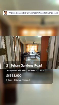 undefined of 936 sqft HDB for Sale in 21 Teban Gardens Road