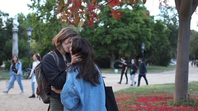 Lesbian couple kissing in the park