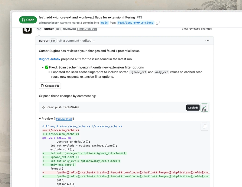 Cursor Bugbot automatically reviewing a GitHub pull request and suggesting a security fix