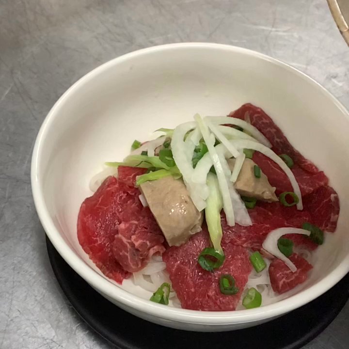Pho Rex - This is how rare steak be cooked. Pho Filet mignon + meatballs - Vietnamese Near Me - Norco, California