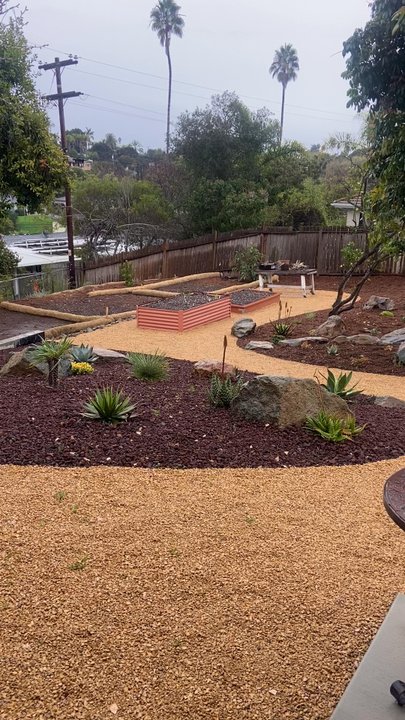 Garden Rhythms - Back yard area with California Golden Gravel walkways. - Landscaping Near Me