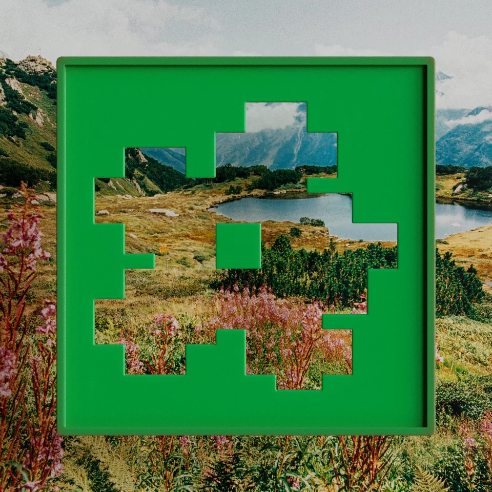 A video rotating through three 3D renders of CPGs variable logomark juxtaposed with a scenic background behind.