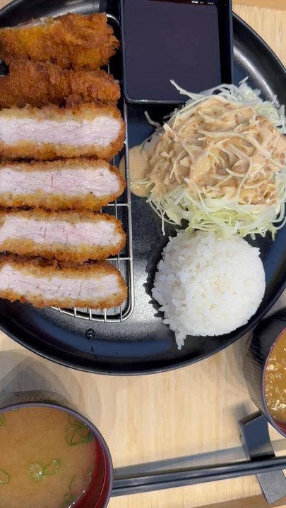 Katsu Plate - Loved the full set presentation on the wooden tray -- rice, miso soup, shredded cabbage salad with a creamy sesame dressing, and the sauce! - Japanese Near Me - Bogota, New Jersey