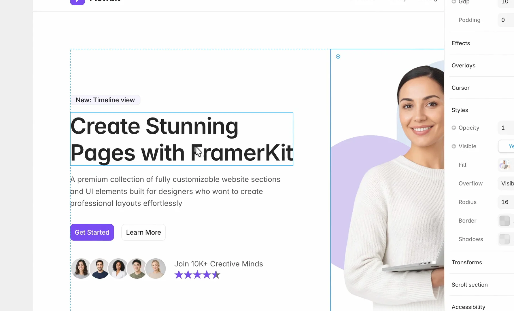 🧭 Building a Page, Section by SectionThis video adds the hero under the navbar, so the landing page starts to look like a real product site• Picked a variant from the Hero group in FramerKit and inserted it• Swapped the main photo placeholder and the five user avatars• Updated the copy, buttons, and added the "Join 2,000+ teams" lineDesktop, tablet, and phone layouts update instantly, and colors automatically follow light and dark themesNext lesson: the Logo section 🙂