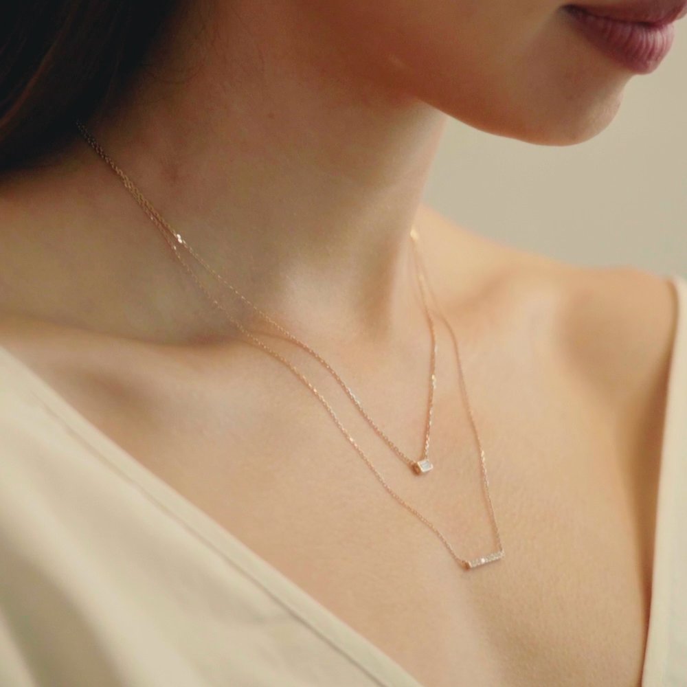 Petite Pavé Bar Halskette | Rund | 14k | Gelbgold | chainLength: 16-18