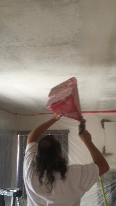 American Drywall Restoration - Spraying the texture on our ceilings after removing the popcorn - Damage Restoration Near Me - Wildomar, California