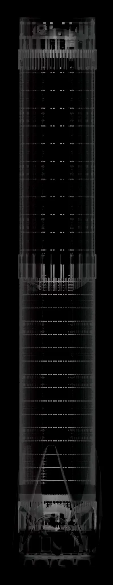 Ghosted grey rendering of Nova Pathfinder's first stage against black: a tall slim cylinder banded by stacked internal frames its full length, with engine hardware clustered at the base.