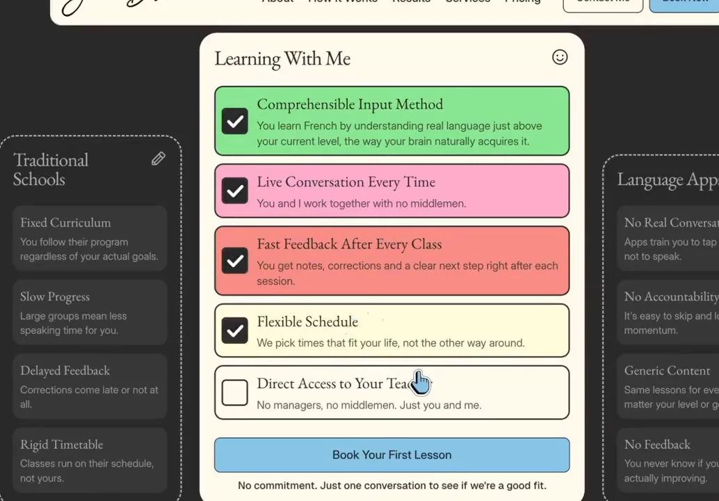 Interactive comparison board: click a feature and it lights up in color. No pitch required. French tutor site built in Framer.