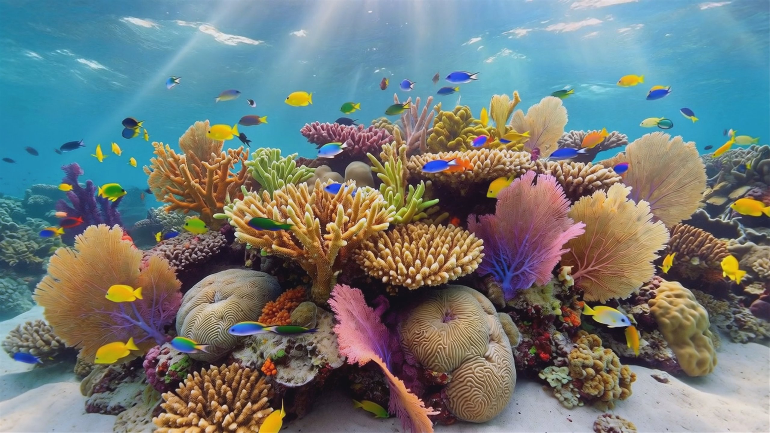 A wide-angle shot of a vibrant underwater coral reef teeming with colorful tropical fish swimming among brain coral and sea fans. Sunlight filters through the clear blue water above. This 1920x1080 video was generated using the MiniMax Hailuo 2.3 Pro model.